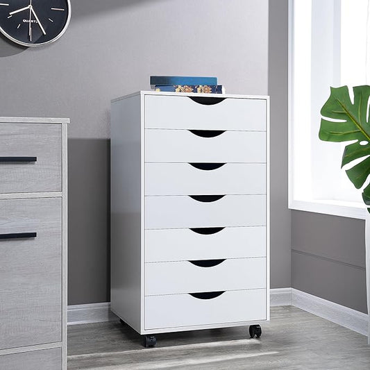 Naomi Home 7 Drawer Office Storage File Cabinet,Under Desk Cabinets for Home Office,Organization Filing Cabinet with Wheels,Printer Stand Storage,180 lbs Capacity – White(11272AM)