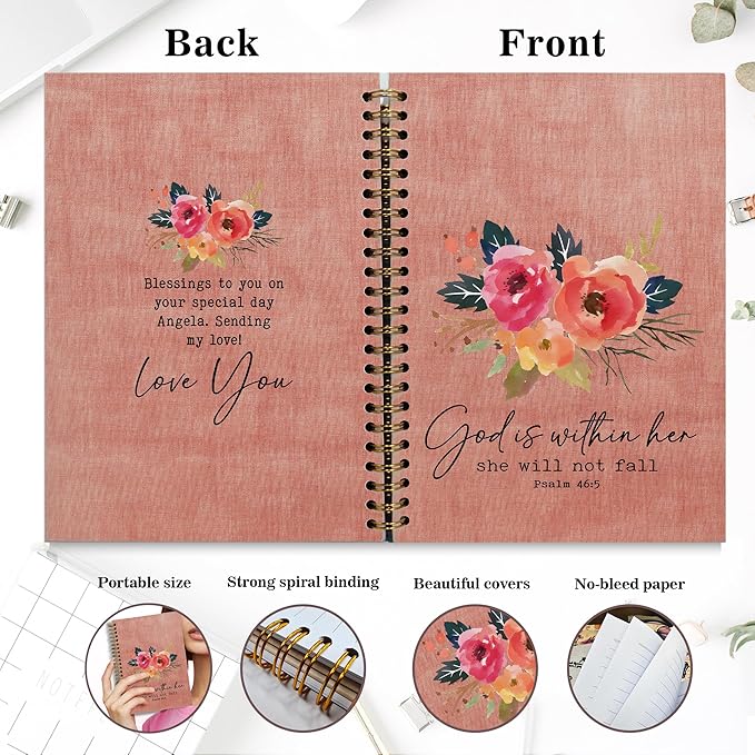 Bible Notebook, A5 Spiral Christian Journal Pink Floral Notebook, Bible Verse-God is Within Her She Will Not Fall, Inspirational Notebooks for Women, Bible Study, Gift for Birthday Christmas