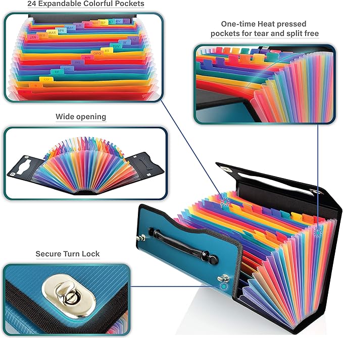 CNK Accordion File Folders with 24 Pockets Organizer for Document Paper Storage Folder Documents Expanding Binder Folio Pocket Receipt Filing Expandable Files Dividers Labels Letter Durable Handle