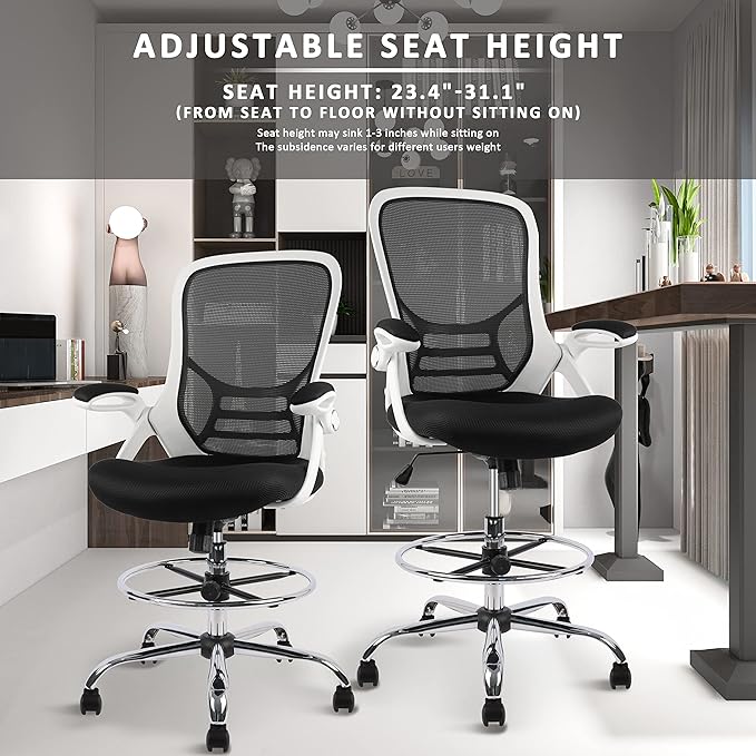 HYLONE Drafting Chair, Tall Office Chair Mesh Standing Desk Stool with Adjustable Foot Ring, Flip-Up Arms, White & Black