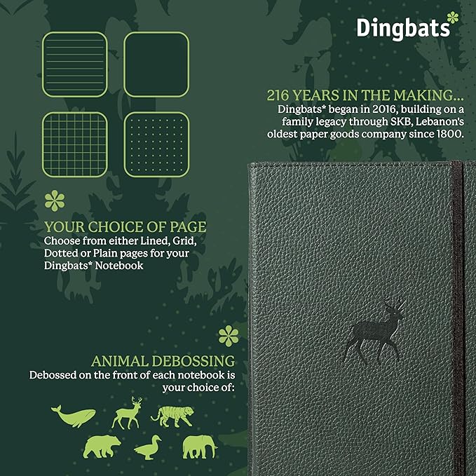 Dingbats A5 Wildlife Notebook Journal Hardcover, Cream 100gsm Ink-Proof Paper, 6.1 x 8.5 inches, 192 pages (Green Deer, Squared)