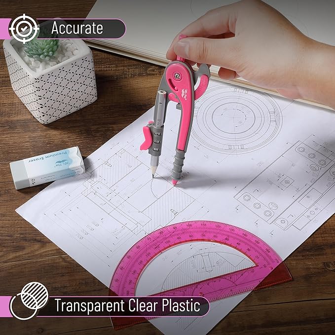 Mr. Pen- Compass and Protractor Set, Vivid Cerise, Compass Geometry Tool, Protractor and Compass Set, Compass Drawing Tool, Drawing Compass, Geometry Compass, Math Compass for Geometry