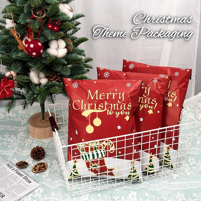 Christmas Poly Mailer 10x13 Inch 100 Pcs, Waterproof Shipping Bags for Clothing, Tear-Resistant Mailier Bags, Strong Mailing Bags with Self-Seal - Red Merry Christmas