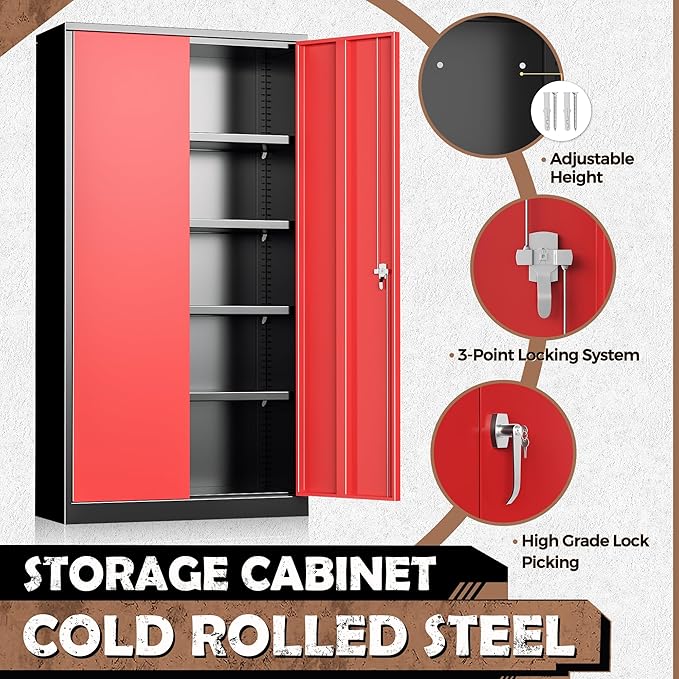 INTERGREAT Metal Lockable Storage Cabinet, 72” H Storage Cabinet with 2 Doors and 4 Adjustable Shelves for Office, Home, Garage, Pantry (Assembly Required, 18”D, Black Red)
