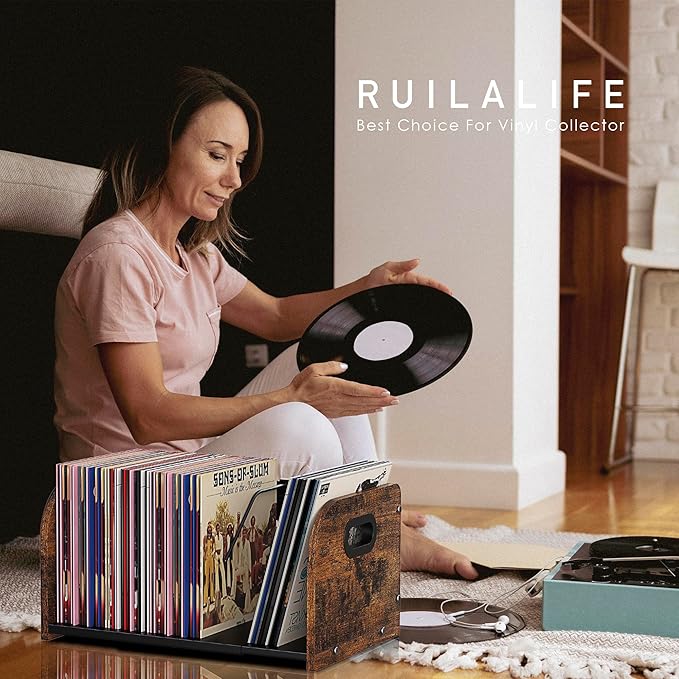Vinyl Record Storage Holder, Expandable Record Holder Rack With Movable Divider, 110 LP Album Display Shelf Stand, Magazine Holder (Rustic Brown)