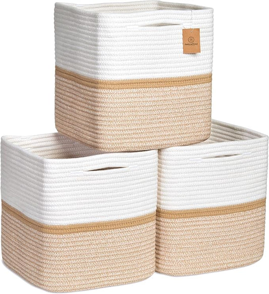 NaturalCozy Storage Cubes 11 Inch Cotton Rope Woven Baskets for Organizing, 3-Pack | Cube Storage Bin | Square Storage Baskets for Shelves Organizer, Classroom, Kids Toy Bins, Closet, Baby Nursery