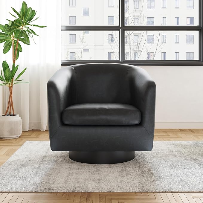 UIXE Faux Leather Swivel Accent Chair with Wood Base, Modern Upholstered Barrel Chairs for Living Room, Comfy Round Armchair Single Sofa Bedroom Reading Seat - 31" W, Black