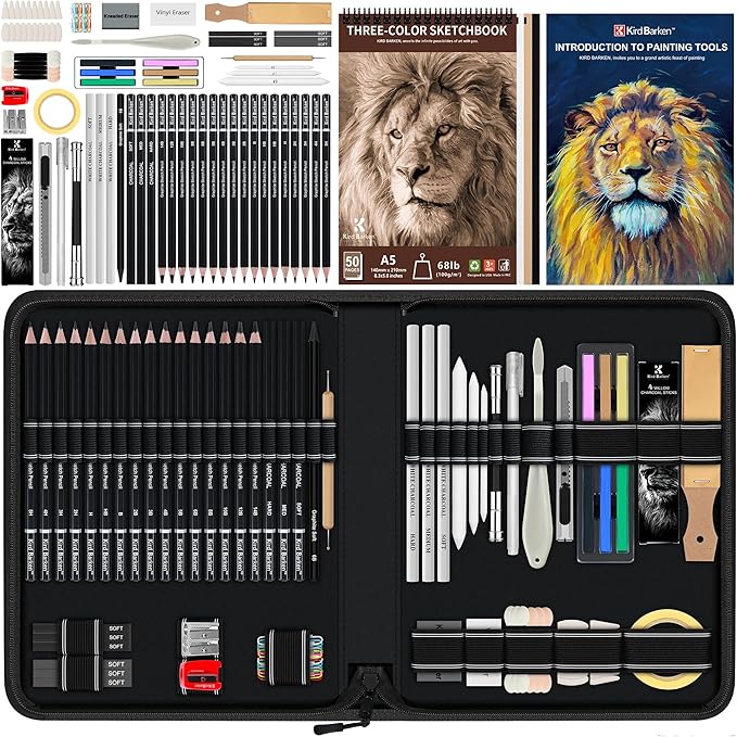 Kird Barken 112 PCS Professional Drawing Set – Sketch Kit with Graphite & Charcoal Pencils, 3-Color Sketchbook, Art Supplies for Shading & Blending – Ideal for Artists, Adults, Teens & Beginners
