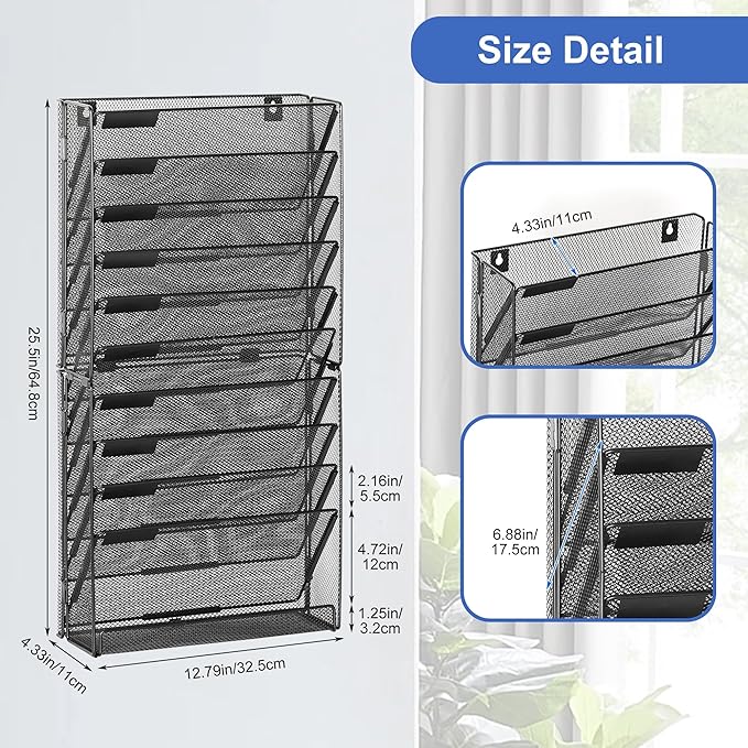 EasyPAG 11 Tier Wall File Holder with Flat Tray, Black | Easy Assemble Mesh Desk File Organizer | 10-Folder Paper Storage | Replaceable Classify Labels | Space Saving Mail Organizer for Office Home