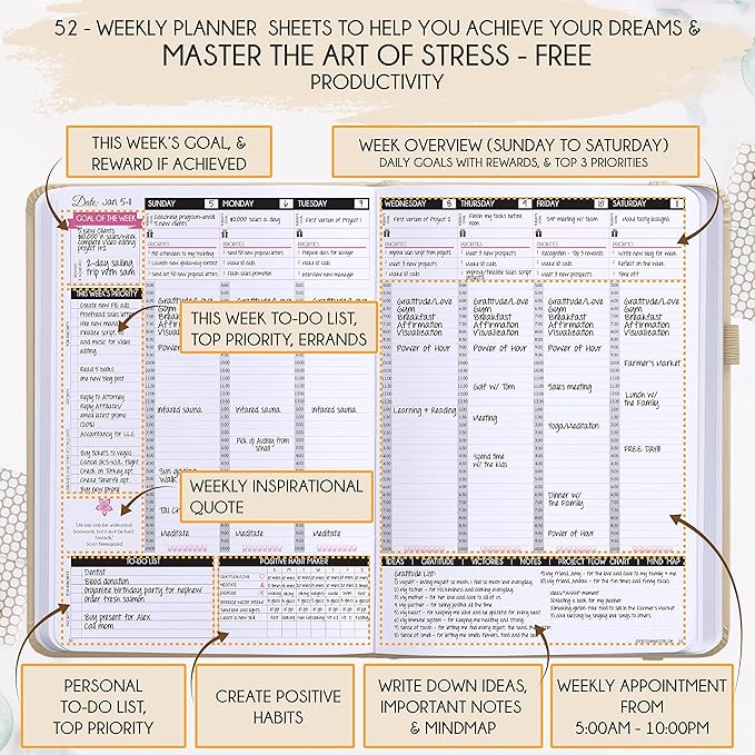 Law of Attraction Planner – Undated Hourly, Weekly & Monthly Goal Setting Planner, 12-Month to Increase Productivity | Life & Gratitude Journal, Include Foldable Vision Board, Gift Box & Stickers