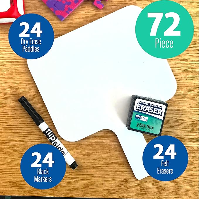 Flipside Products Rectangular Dry Erase Answer Paddles w/Black Dry Erase Marker and Erasers, Auction, Handheld Whiteboard, Handle Response Board, 72 Pieces, Set of 24