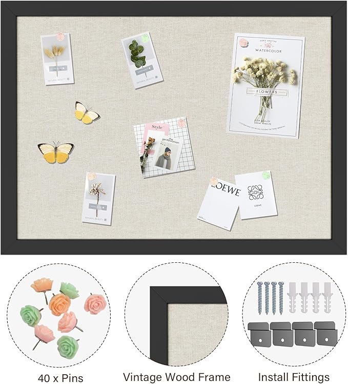 Cork Board Bulletin Board 18" x 24", 2-Pack Large Linen Corkboards with Frame for Walls, Cute Picture Display Pin Board Vision Board for Room School Office Bedroom 40 Pushpins Vintage Black