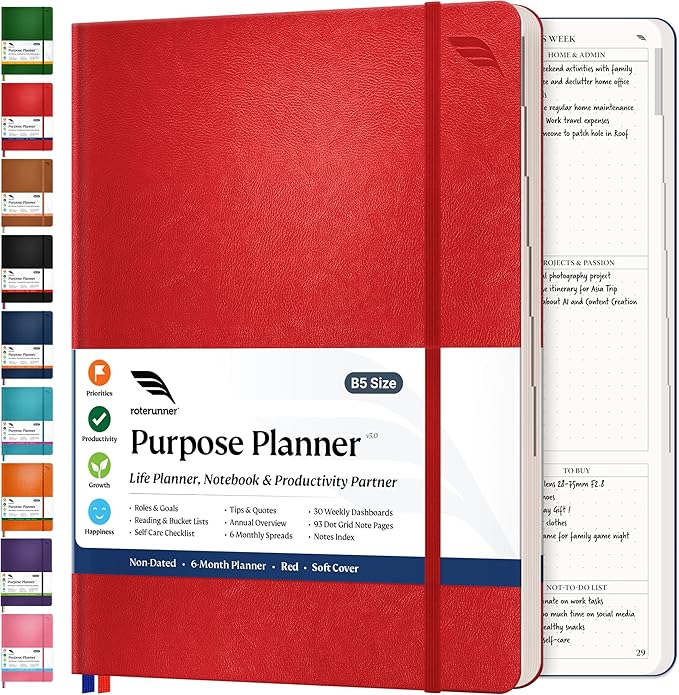 Roterunner Purpose Planner Notebook B5 7.5”x9.8” Undated 2025 Daily Weekly and Monthly Productivity Goal Setting Tool for Work Home ADHD for Adults Self Care Journal