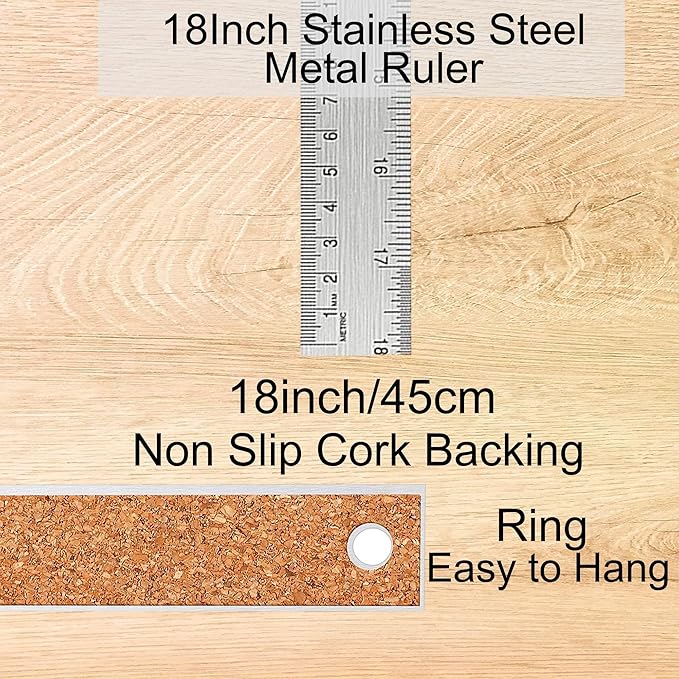Metal Ruler 18 Inch: [2 Pieces 18 Inch] Non-Slip Cork Backing Rulers with Inch and Centimeters Prevent Ink Leakage:for School Office Drawing Engineering