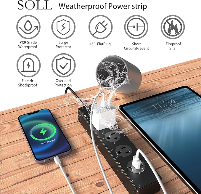 SOLL IPX9 Outdoor Power Strip Weatherproof, Surge Protector Power Strip with 3 Outlet and 3 USB Charging Ports(2 USB C), 6FT Extension Cord for Patio, Garden, Bathroom, Kitchen, Garage, Office