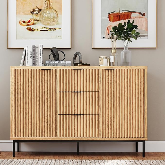 Real Relax Fluted Sideboard Cabinet, Sideboard Buffet Cabinet with Storage, Modern Credenza 2 Doors 3 Drawers, Coffee Bar Buffet Table for Dining Room, Kitchen, and Living Room, Oak