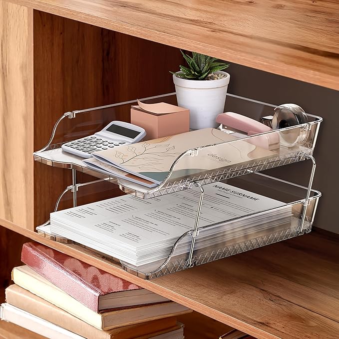 Simple Houseware 2-Tier Clear Stackable Letter Tray Organizer – Desktop File Holder for A4/Letter Size Paper, Document Sorter, Office Desk Paper Organizer, Transparent File Storage