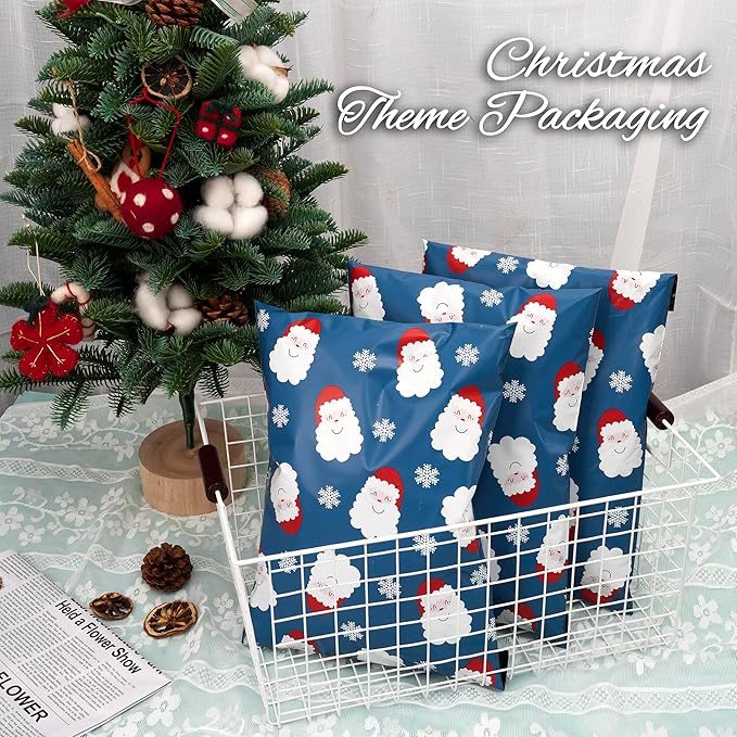 Christmas Poly Mailer - 12x15.5 Inch, 50 Pcs Waterproof Shipping Bags for Clothing, Tear-Resistant, Strong Mailing Bags with Self-Seal - Santa Claus and Snowflakes Printed