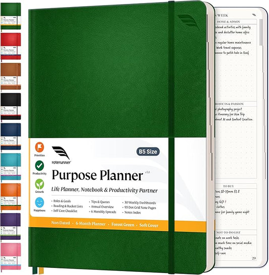 Roterunner Purpose Planner Notebook B5 7.5”x9.8” Undated Planner 2025 Daily Weekly and Monthly Productivity Goal Setting Tool for Work Home ADHD Planner for Adults Self Care Journal