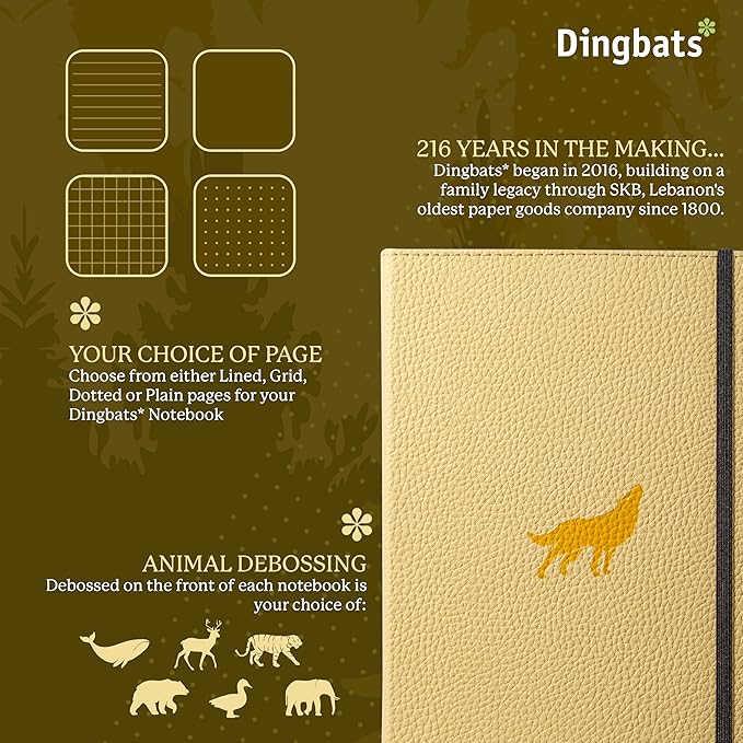 Dingbats* Wildlife Dotted Writing Journal Notebook A5 - Vegan Leather Hardcover - Ideal for Work, Travel - Pocket, Elastic Closure, & Bookmark