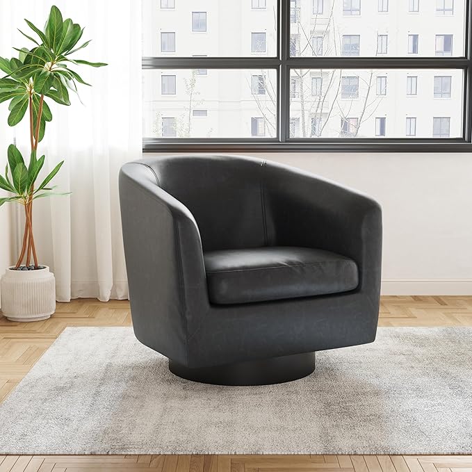 UIXE Faux Leather Swivel Accent Chairs Set of 2, Modern Upholstered Barrel Chairs for Living Room, Comfy Round Armchair Single Sofa Bedroom Reading Seat - 31" W, Black