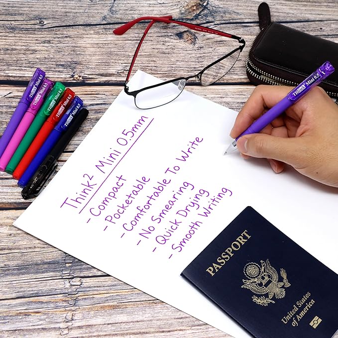 THINK2MASTER [24 Pens - 4 Black, 4 Blue, 4 Red, 4 Green, 4 Pink, 4 Purple Ink Think2 Pocketable Mini Gel Pens. Assorted Colors Fine Point (0.5mm) Small Rollerball Pens