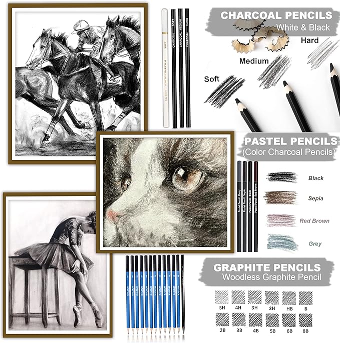 KALOUR 76pc Art Supply Set - Sketching & Drawing Kit with Tutorial Book, Sketchbook & Paper - Pencils, Pastels, Watercolors for Beginner Artists