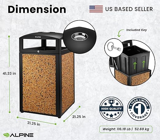 Alpine Outdoor Commercial Trash Can with Lid - 40 Gallon Heavy Duty Metal Garbage Can with Removable Bin, Locking Lid & a Modern Look in Park & High Traffic Areas (Black, Brown Stone Panels with Tray)