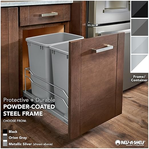 Rev-A-Shelf Double Pullout Trash Can for Base Kitchen Cabinets 27 Quart 12.5 Gallon with Soft-Close Slides, Champagne, 53WC-1527SCDM-212