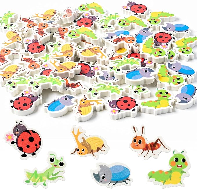 ANGOLIO 60Pcs Mini Eraser for Kids Bulk Insects Assorted Summer Pencil Eraser Cute Puzzle Erasers Desk Pet Classroom Prizes Student Back to School Supplies Homework Rewards Gift Filling Party Favors