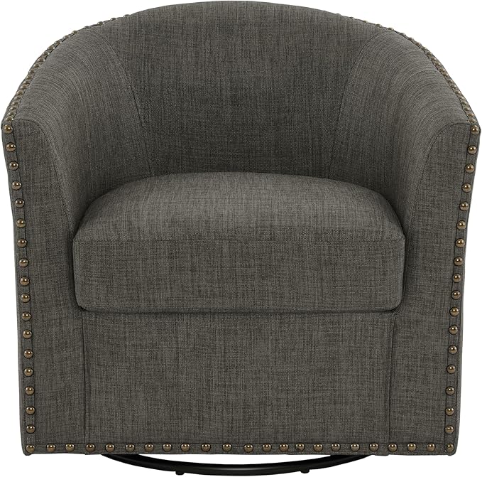 UIXE 360° Swivel Barrel Accent Chair Set of 2, Modern Upholstered Arm Chair Round Club Armchair, Nailhead Trim Single Sofa Seating in Fabric for Living Room - Gray