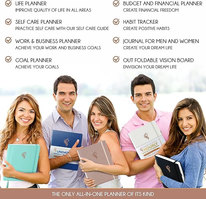 Hourly Planner - Undated Daily, Weekly & Monthly Planner with Budget Section | A 12 Month Journey to Increase Productivity & Happiness | Life Organizer & Gratitude Journal - Vertical Format