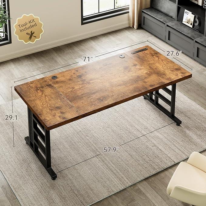 Coleshome 71 Inch Executive Desk with USB Ports, Large Computer Desk with Extra Thick, Long Mordern Office Desk, Workstation Business Furniture for Home Office, Vintage