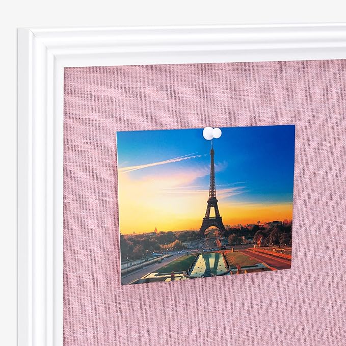 Navaris Framed Linen Bulletin Board - 17 x 23 inches Fabric Jewelry Organizer Pinboard for Wall Memory Memo Pin Board - Pink Linen with White Frame