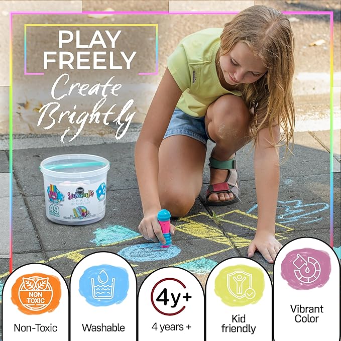 Loddie Doddie 49pc Sidewalk Chalk Bucket – Outdoor Activity Play Set for Kids, 31 Assorted Chalk Sticks, 4 Holders, 10 Ball Refills, 4 Stencils, Outdoor Water Play, Washable, Reusable Bucket