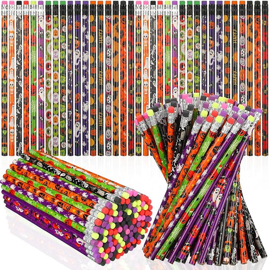 360 Pieces Halloween Pencil with Eraser Fun Assortment Halloween Themed Pencil Novelty Ghost Pumpkin Skeleton Bat Spider Wooden Drawing Pencils for Halloween Party Supplies