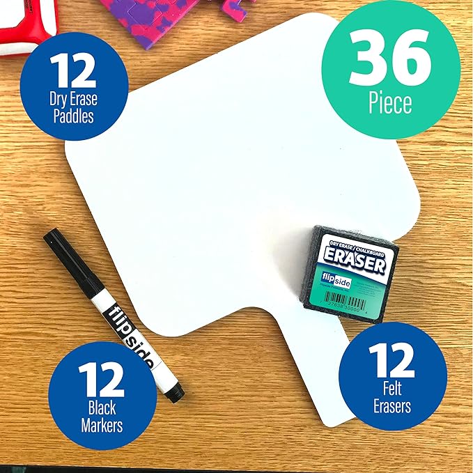 Flipside Products Rectangular Dry Erase Answer Paddle w/Dry Erase Markers and Erasers, 36 Pieces, Auction, Handheld Whiteboard, Handle Response Board, Classroom Dry Erase, Set of 12