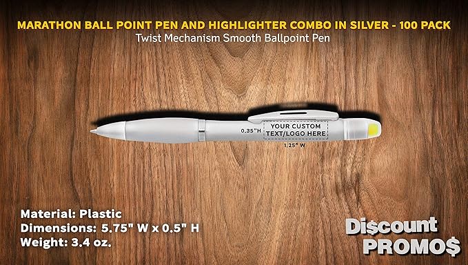 DISCOUNT PROMOS 100 Marathon Gel Highlighter Pens Pack - Customizable Text, Logo - Twist Mechanism, Ballpoint - Silver