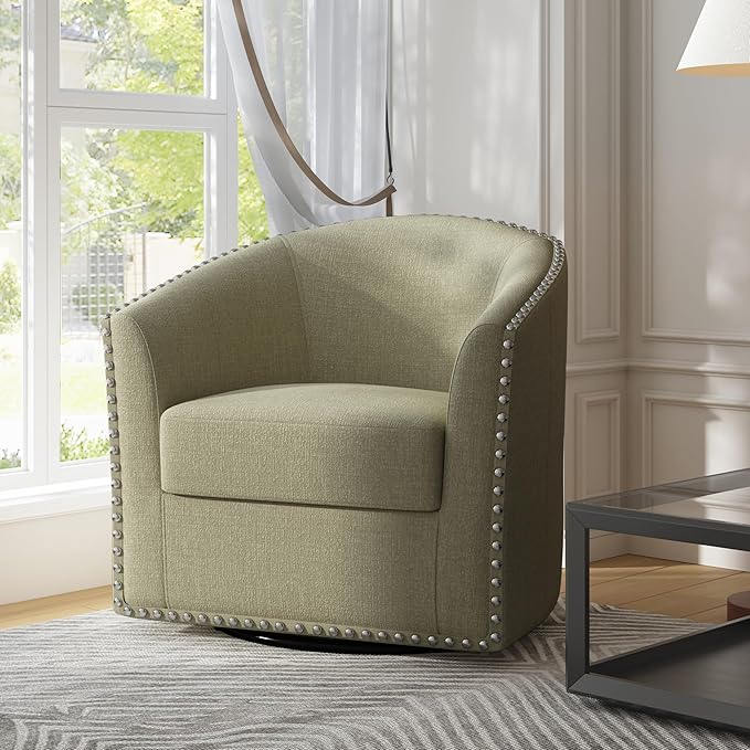UIXE 360° Swivel Barrel Accent Chair, Modern Upholstered Arm Chair Round Club Armchair, Nailhead Trim Single Sofa Seating in Fabric for Living Room - Light Camel