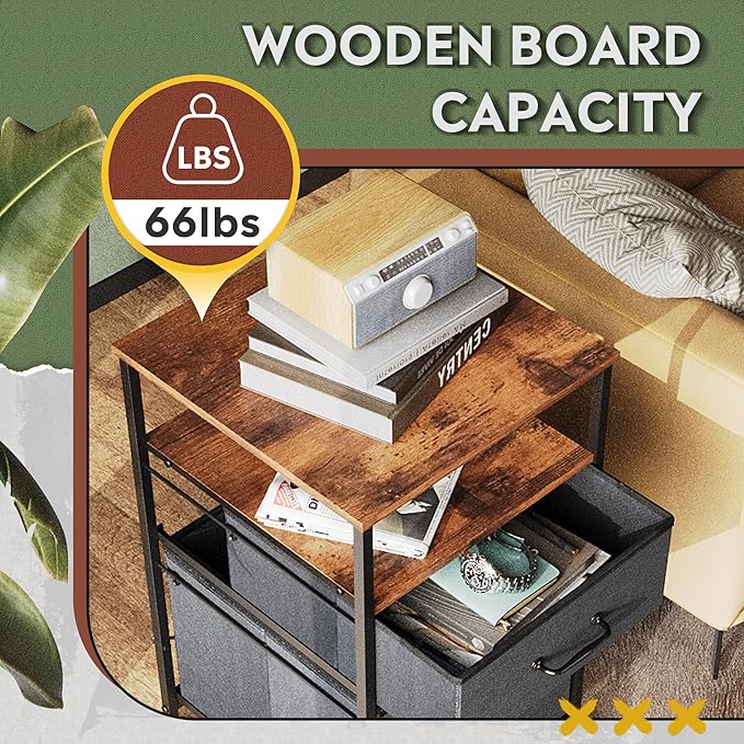 DEVAISE 2 Drawer Mobile File Cabinet, Rolling Printer Stand with Open Storage Shelf, Fabric Vertical Filing Cabinet fits A4 or Letter Size for Home Office, Rustic Brown