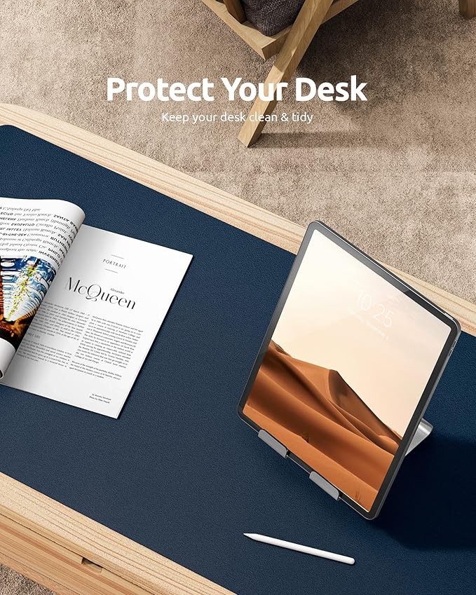 YSAGi Leather Desk Protector, Office Mat, Large Mouse Mat, Non-Slip PU Leather Blotter, Laptop Desk Mat, Waterproof Writing Pad for Office and Home (Dark Blue, 23.6" x 13.8")