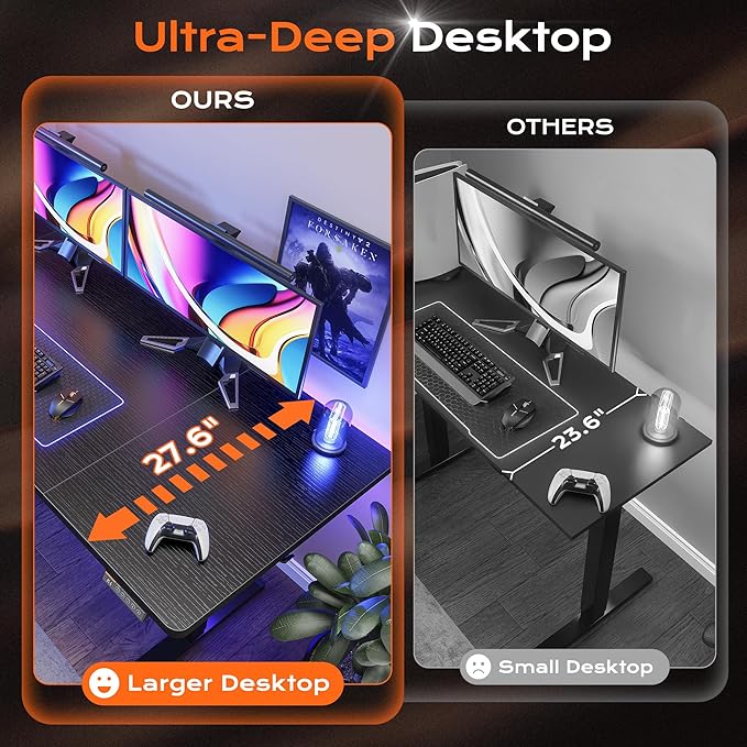 Huuger 63 x 28 Large Electric Standing Desk, Height Adjustable Computer Desk, 27.6" Deep Desktop, Stand up Gaming Office Table with 2 Hooks, 3 Preset Heights, for Home Office, Black