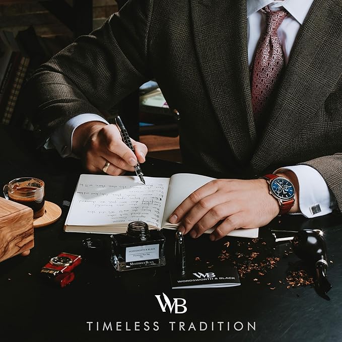 Wordsworth & Black Majesti Fountain Pen-(Checked), Luxury Case, Chrome Finish; Fine Nib- Ink Cartridges, Refillable Ink Converter-Calligraphy Pen-Best Business Gift Set for Men & Women