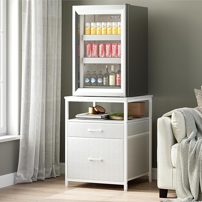 Mini Fridge Stand with 3 Storage, Mini Fridge Cabinet, Beverage Fridge Table, Heavy Duty 21.3" L* 22.7" W Tabletop, for Dorm, Apartment,Office, Bedroom White HB01BXW