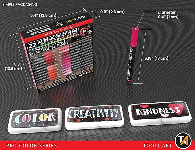 Acrylic Paint Pens 22 Red & Pink Tones Assorted Pro Color Series Markers Set 0.7mm Extra Fine Tip for Rock Painting, Glass, Mugs, Wood, Metal, Canvas, Projects, Non Toxic, Waterbased, Quick Drying