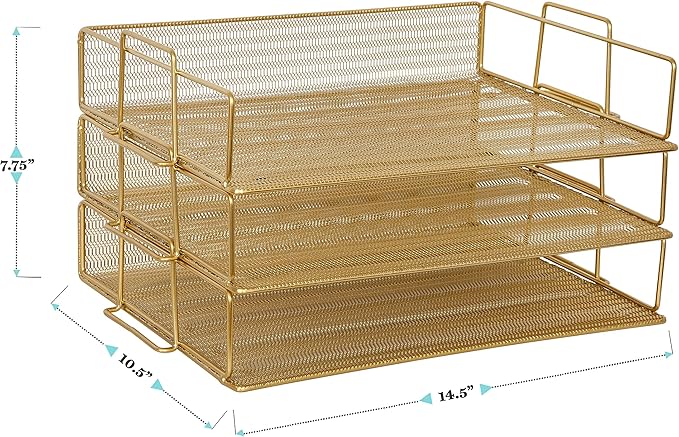 Martha Stewart Ryder 3 Tier Desk Letter Tray Organizer, Stackable Steel Mesh Inbox Tray for Files, Papers, or Letters, Gold