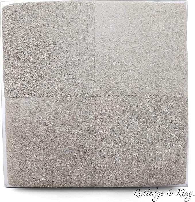 Rutledge & King Cowhide Ottoman/Vanity Stool - Square Ottoman Stool - White Ottoman/Grey Ottoman Foot Rest - Cowhide Grey & White Stool - Gold Stool - Cow Ottoman - Cow Fur Stool (Silver)