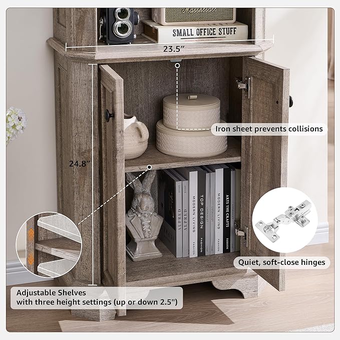 T4TREAM 6-Tier Bookshelf with Storage, 72" Tall Farmhouse Bookcase with Doors and Adjustable Shelves, Wooden Floor Standing Display Book Shelf Organizer for Home Office, Light Rustic Oak