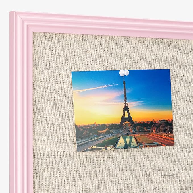 Navaris Framed Linen Bulletin Board - 17 x 23 inches Fabric Jewelry Organizer Pinboard for Wall Memory Memo Pin Board - Natural Linen with Pink Frame