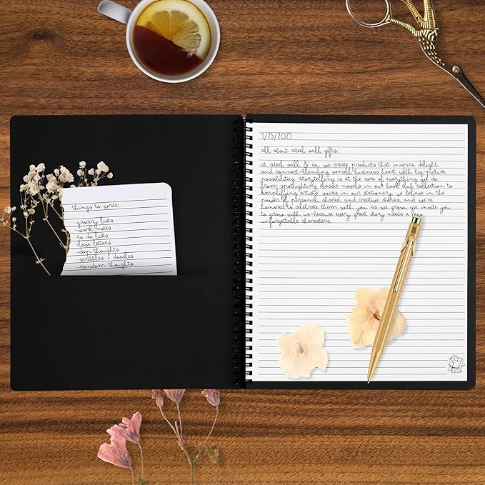 Steel Mill & Co Cute Large Spiral Notebook College Ruled, 11" x 9.5" with Durable Hardcover and 160 Lined Pages (Gold Floral)